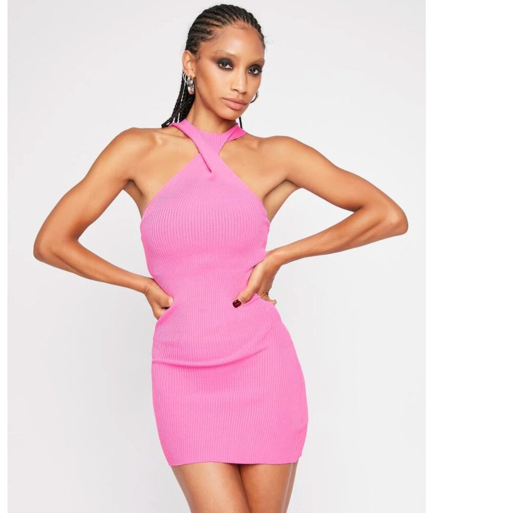 LIONESS Sonny Ribbed Twist Neck Mini Body Dress in Pink - Picture 2 of 4